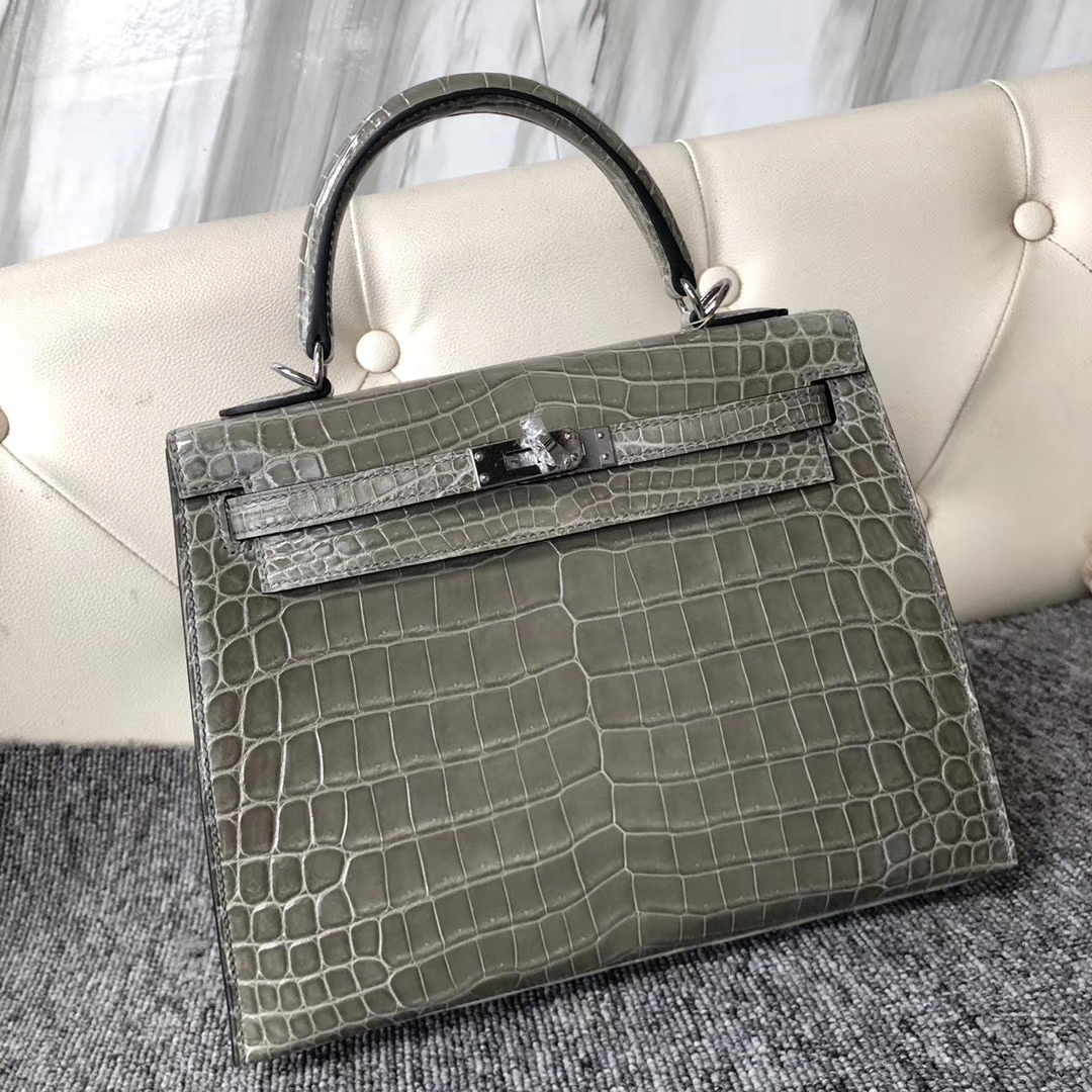 Hermès（爱马仕）Kelly 25cm Crocodile shiny 亮面鳄鱼 ck81 斑鸠灰 Gris T 银扣 现货