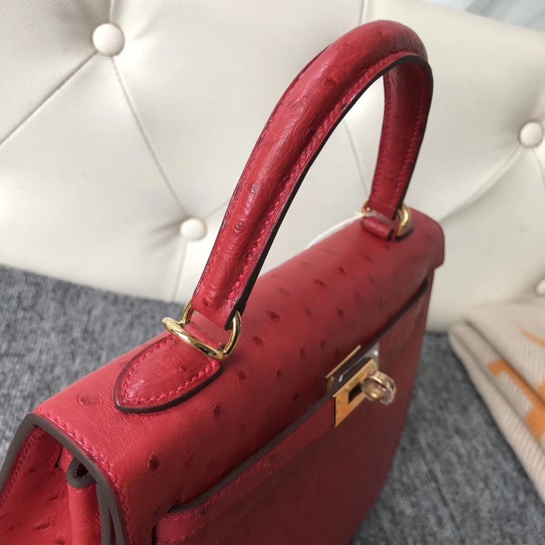 Hermès（爱马仕）Kelly 25cm Kk鸵鸟 Q5 国旗红 Rouge casaque 金扣 顶级手缝