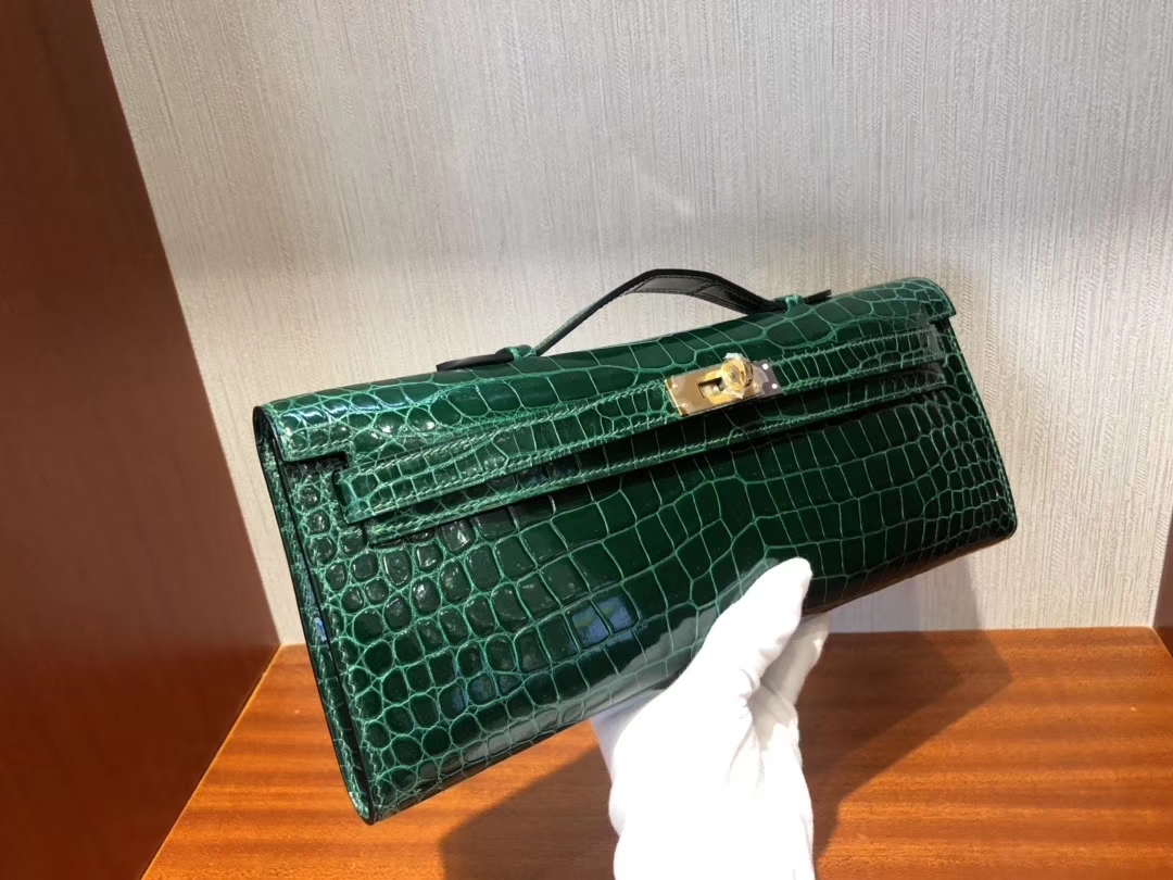 Hermès（爱马仕）Kelly cut 31cm Porosus shiny 亮面澳洲湾鳄鳄鱼 ck67 祖母绿 vert fonce 金扣 手拿包 晚宴包 现货