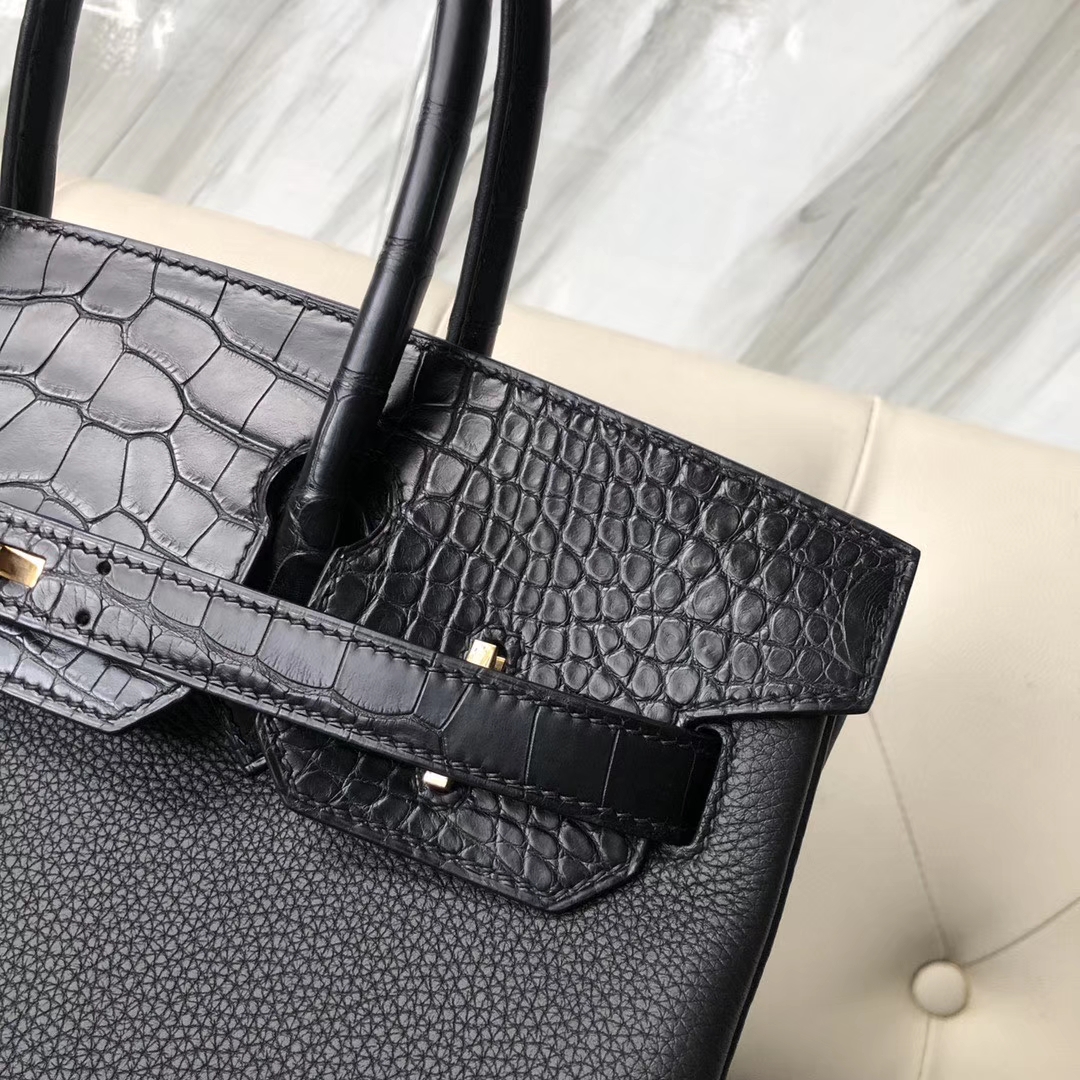 Hermès（爱马仕）Touch 系列 Birkin 黑色拼雾面方块黑色鳄鱼 30cm 金扣 顶级手缝