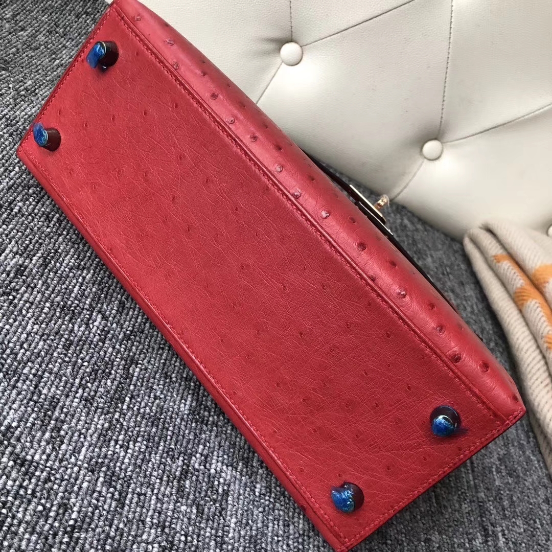 Hermès（爱马仕）Kelly 25cm Kk鸵鸟 Q5 国旗红 Rouge casaque 金扣 顶级手缝