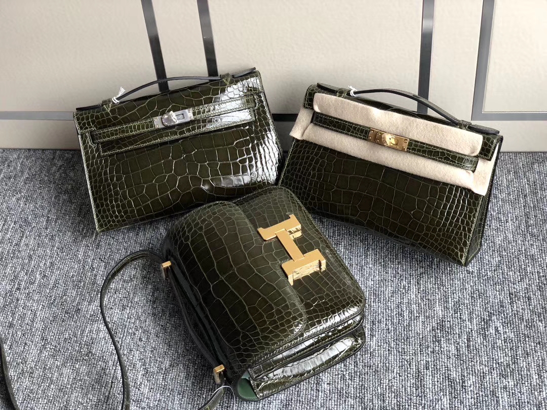 Hermès（爱马仕）Constance18cm Mini kelly 22cm Alligator shiny 亮面鳄鱼 6H 橄榄绿 金扣 银扣