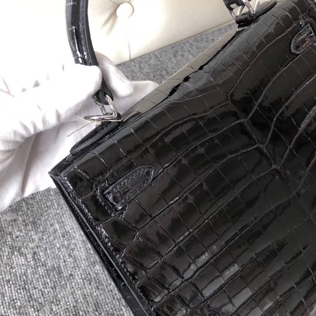 Hermès（爱马仕）Kelly 25cm Crocodile shiny 亮面鳄鱼 ck89黑色 Noir 银扣 拱珠皮 现货