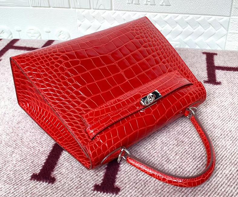 Hermès（爱马仕）Kelly 25cm Crocodile shiny 亮面鳄鱼 美洲法拉利红 银扣 现货