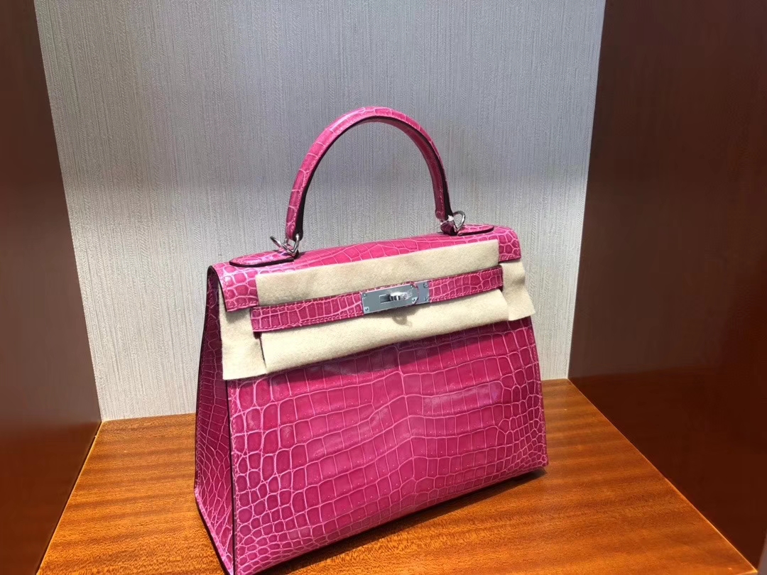 Hermès（爱马仕）Kelly 凯莉包 Crocodile shiny 亮面鳄鱼 5J 桃红 桃粉 银扣 顶级手缝 超美 28cm