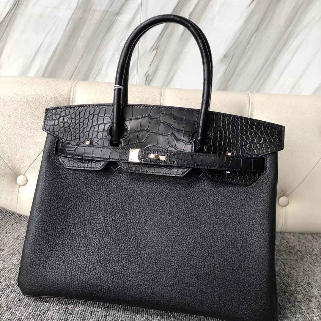 Hermès（爱马仕）Touch 系列 Birkin 黑色拼雾面方块黑色鳄鱼 30cm 金扣 顶级手缝