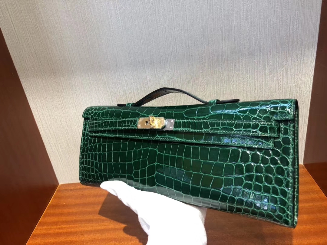 Hermès（爱马仕）Kelly cut 31cm Porosus shiny 亮面澳洲湾鳄鳄鱼 ck67 祖母绿 vert fonce 金扣 手拿包 晚宴包 现货