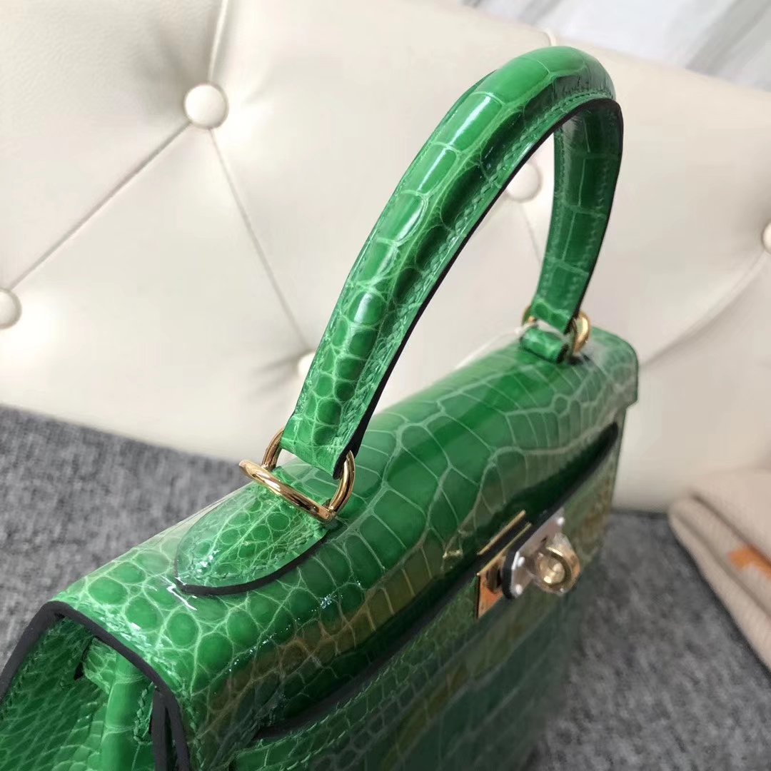Hermès（爱马仕）Kelly 凯莉包 crocodile 亮面美洲鳄 1L仙人掌绿 蜡线全手工 金扣 接受预定 25cm