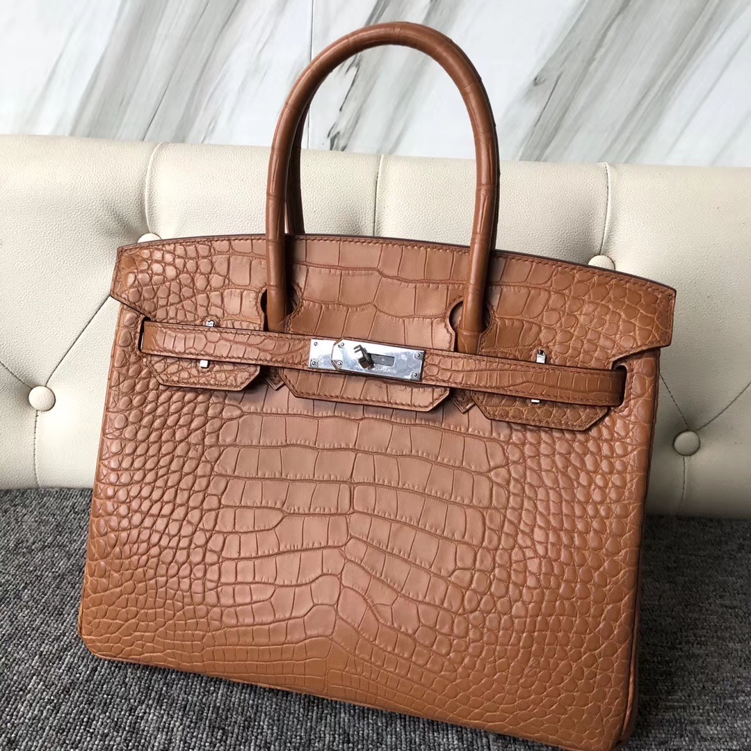 Hermès（爱马仕）Birkin 30cm Alligator matt 雾面鳄鱼 棕色 银扣 定制