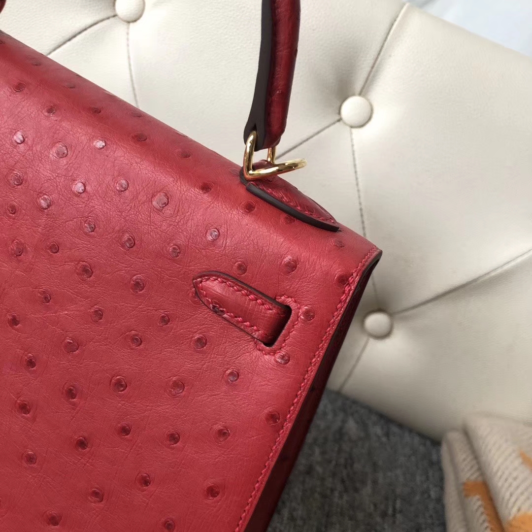 Hermès（爱马仕）Kelly 25cm Kk鸵鸟 Q5 国旗红 Rouge casaque 金扣 顶级手缝