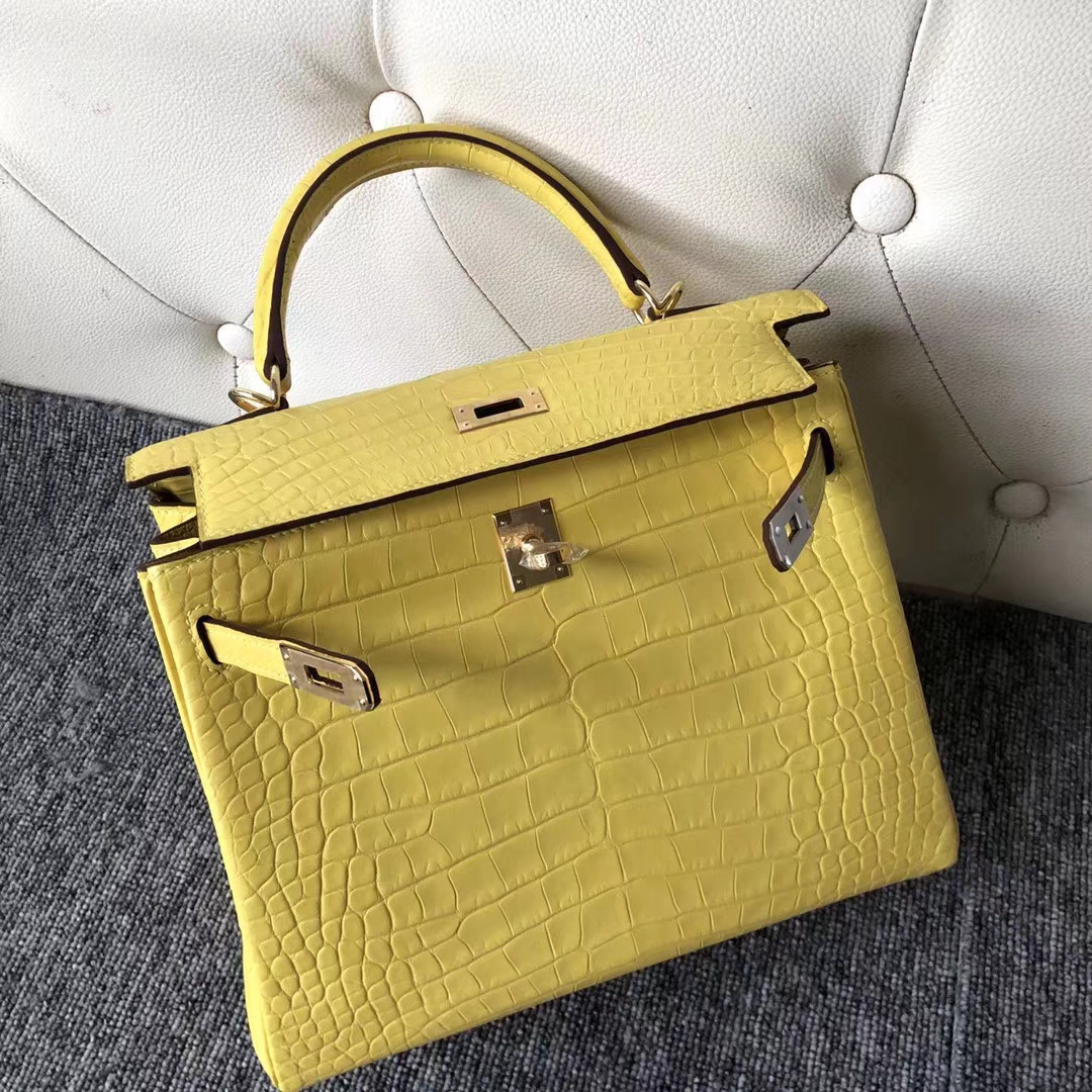 Hermès（爱马仕）Kelly 凯莉包 Matt alligator crocodile 雾面美洲鳄 柠檬黄 蜡线全手工 25cm 接受预定