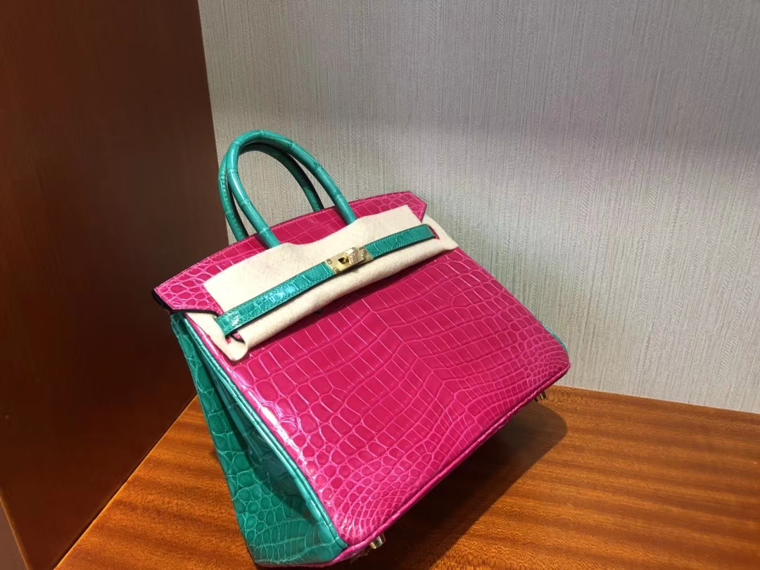 Hermès（爱马仕）Birkin 25cm Crocodile shiny 亮面鳄鱼 J5 天方夜谭粉紫拼6Ｑ翡翠绿 金扣 马蹄印 超美拼色