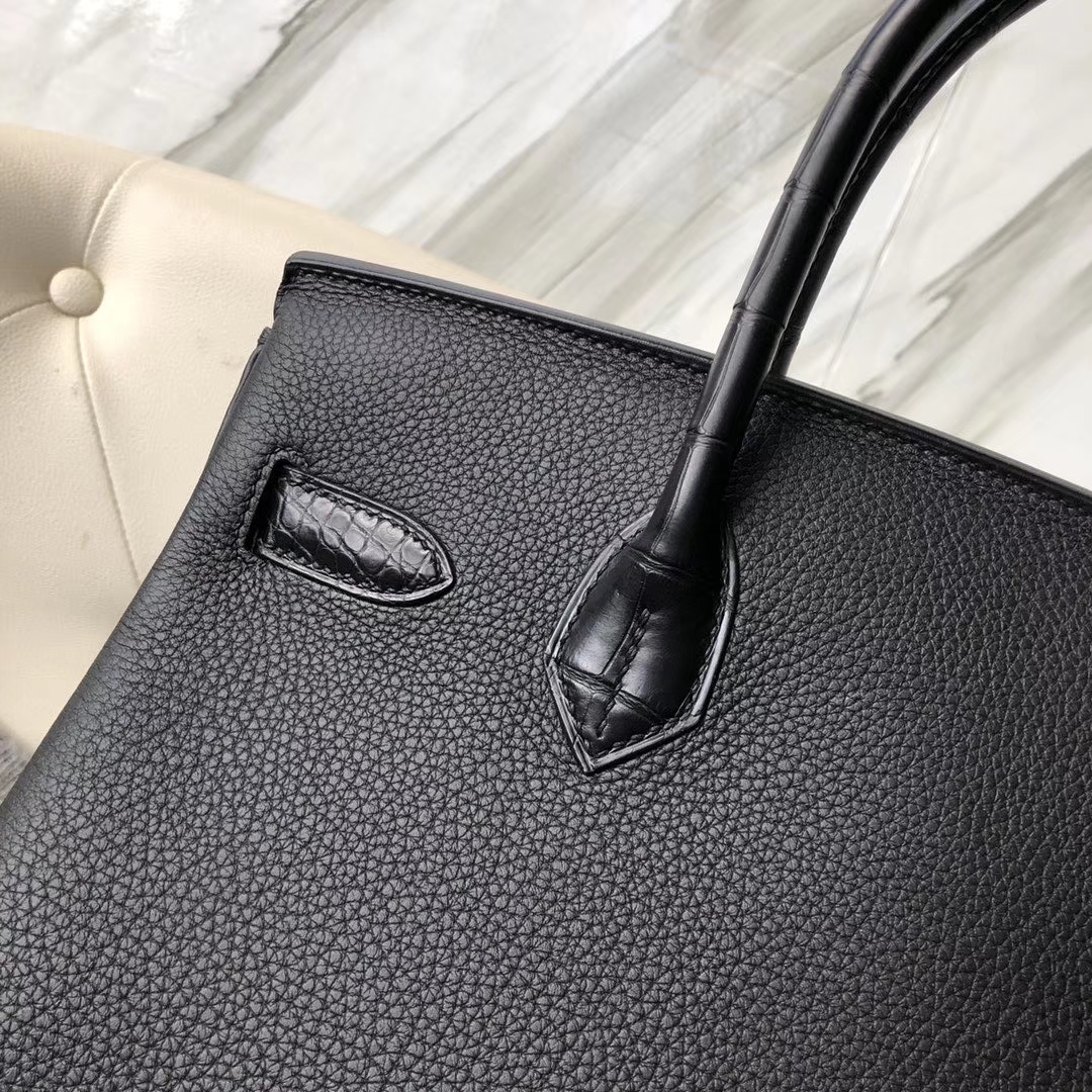 Hermès（爱马仕）Touch 系列 Birkin 黑色拼雾面方块黑色鳄鱼 30cm 金扣 顶级手缝
