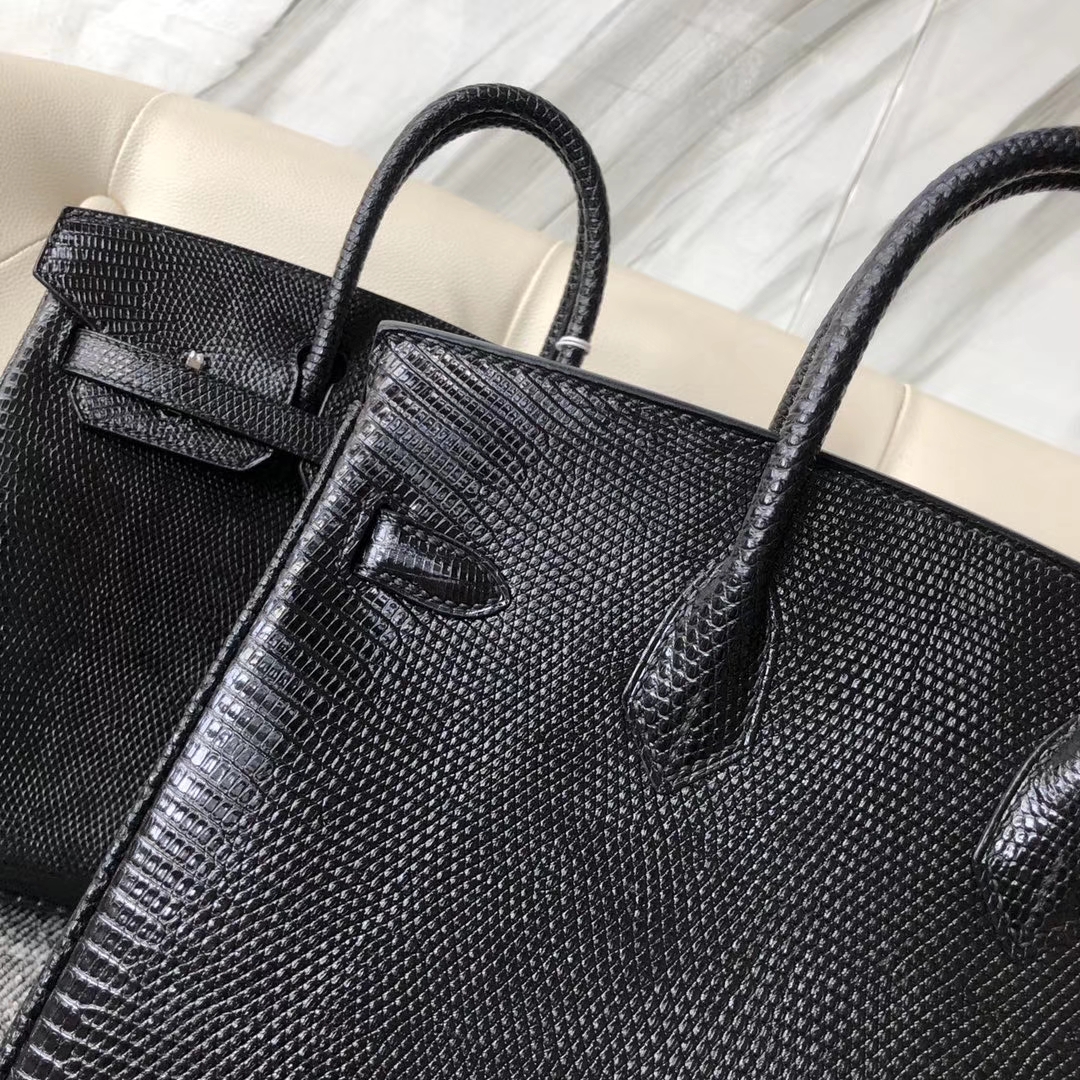 Hermès（爱马仕）Birkin 25cm Lizard 进口亮面蜥蜴  ck89 黑色 Noir  金扣 顶级手缝 现货
