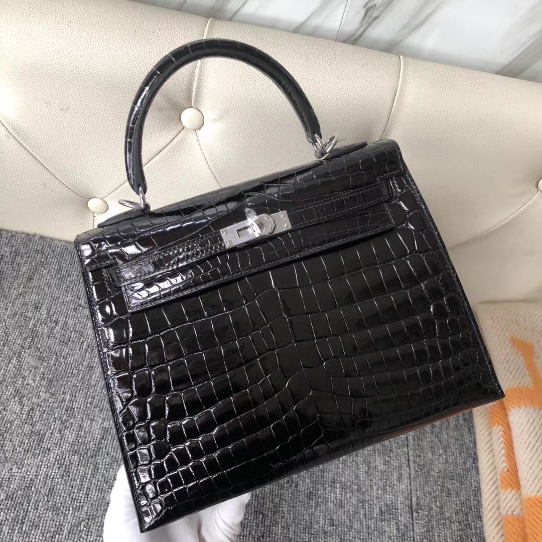 Hermès（爱马仕）Kelly 25cm Crocodile shiny 亮面鳄鱼 ck89黑色 Noir 银扣 拱珠皮 现货