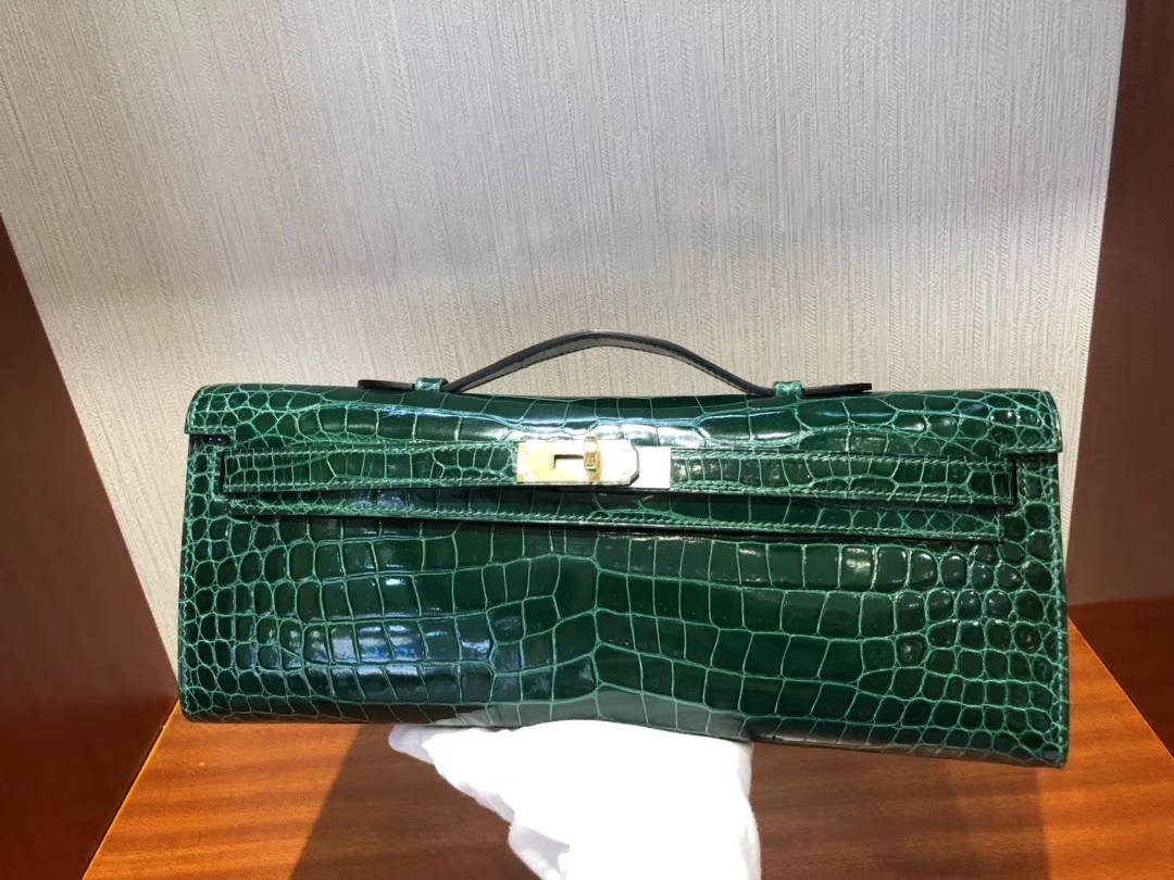Hermès（爱马仕）Kelly cut 31cm Porosus shiny 亮面澳洲湾鳄鳄鱼 ck67 祖母绿 vert fonce 金扣 手拿包 晚宴包 现货