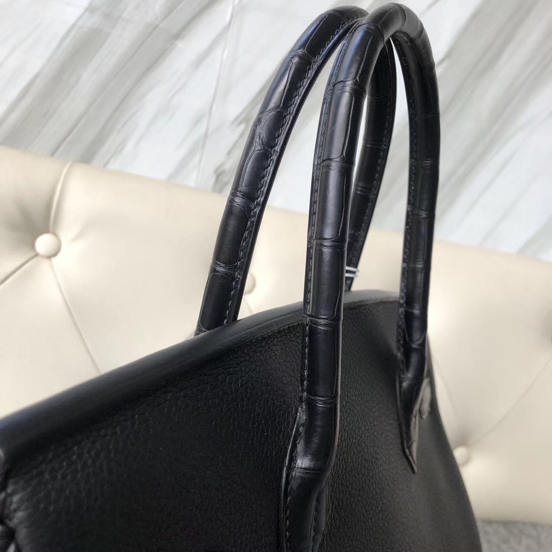Hermès（爱马仕）Touch 系列 Birkin 黑色拼雾面方块黑色鳄鱼 30cm 金扣 顶级手缝