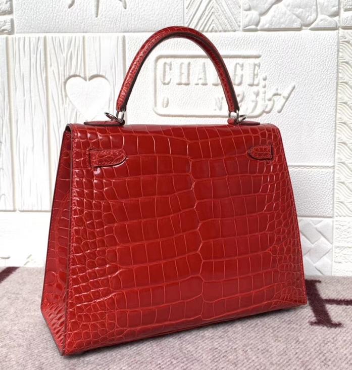 Hermès（爱马仕）Kelly 25cm Crocodile shiny 亮面鳄鱼 美洲法拉利红 银扣 现货