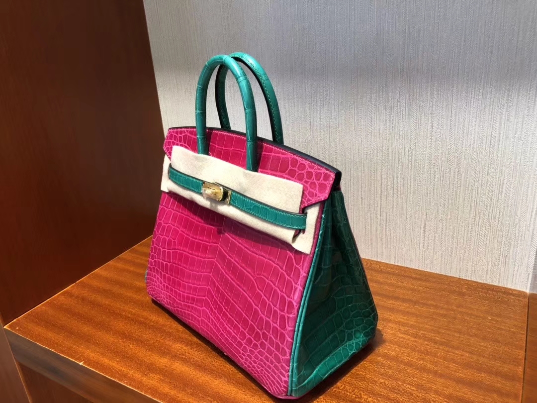Hermès（爱马仕）Birkin 25cm Crocodile shiny 亮面鳄鱼 J5 天方夜谭粉紫拼6Ｑ翡翠绿 金扣 马蹄印 超美拼色