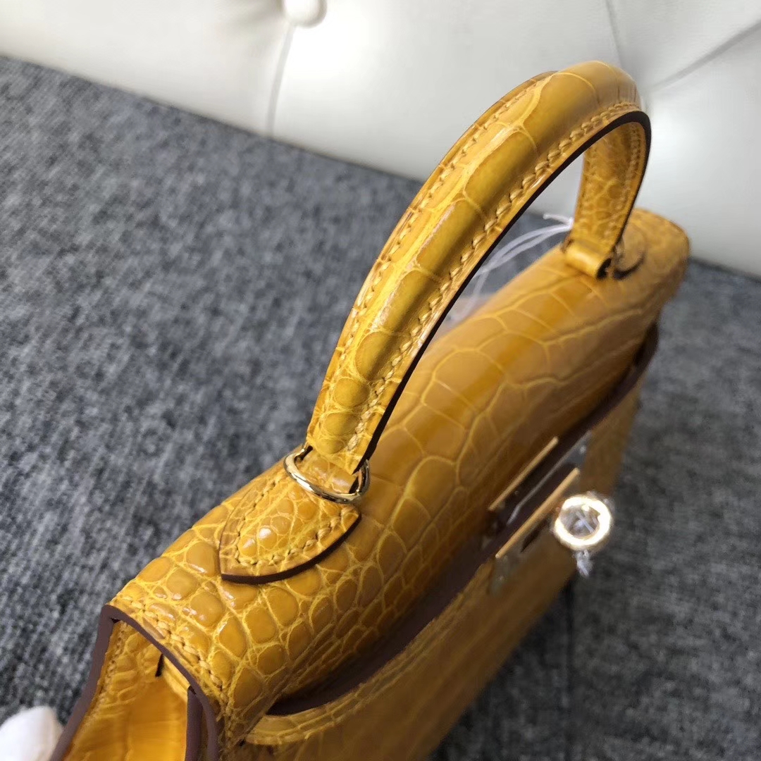 Hermès（爱马仕）Mini kelly ll Alligator shiny 亮面鳄鱼 9D 琥珀黄 Ambre 金扣 顶级手缝 现货
