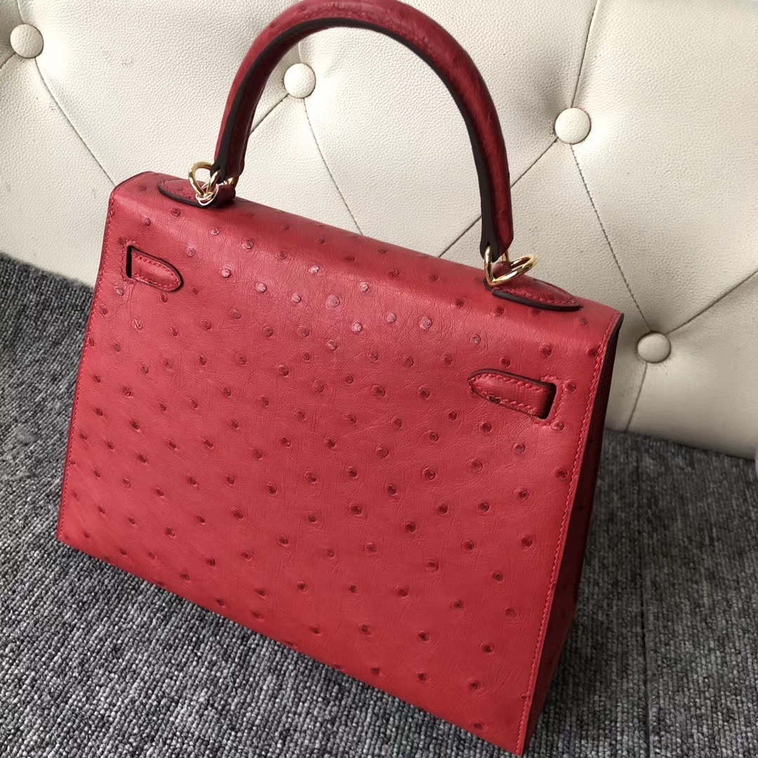 Hermès（爱马仕）Kelly 25cm Kk鸵鸟 Q5 国旗红 Rouge casaque 金扣 顶级手缝