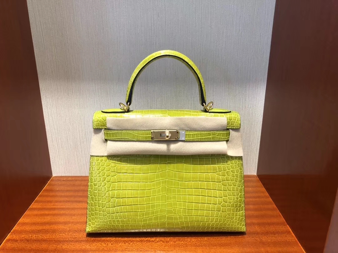 Hermès（爱马仕）Kelly 28cm Porosus shiny 亮面澳洲湾鳄 6R 奇异果绿 Kiwi 金扣 顶级手缝 超美