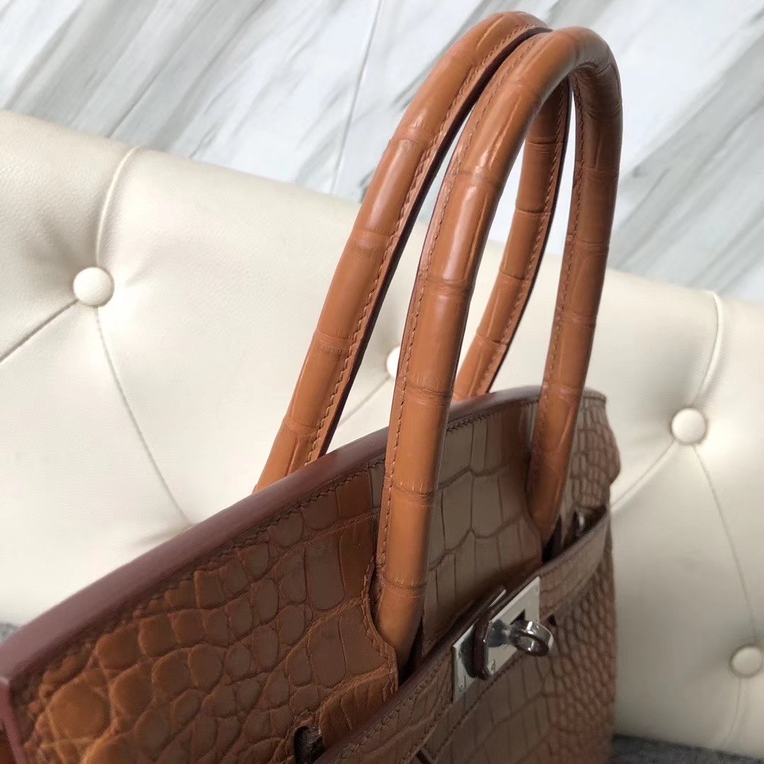 Hermès（爱马仕）Birkin 30cm Alligator matt 雾面鳄鱼 棕色 银扣 定制