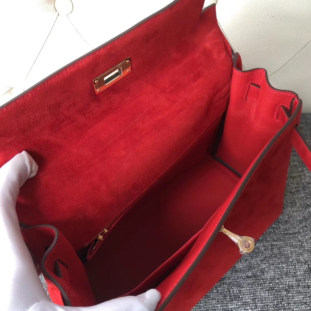 Hermès(爱马仕)kelly 28cm 麂皮 Q5 国旗红 rouge casaque 金扣 顶级手缝-拉尔森鳄鱼皮具定制 - 爱马仕包包官网 Hermès(爱马仕)kelly 28cm 麂皮 Q5 国旗红 rouge casaque 金扣 顶级手缝