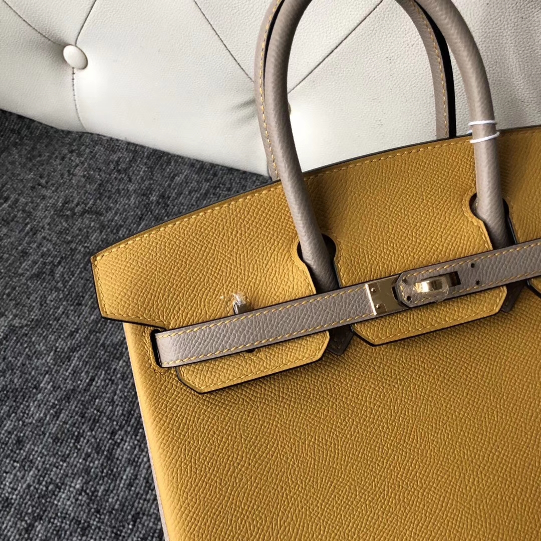 Hermès（爱马仕）Birkin 25cm Epsom 原厂掌纹皮 9Ｄ 琥珀黄 拼 M8 沥青灰Gris ashpite 金扣 马蹄印