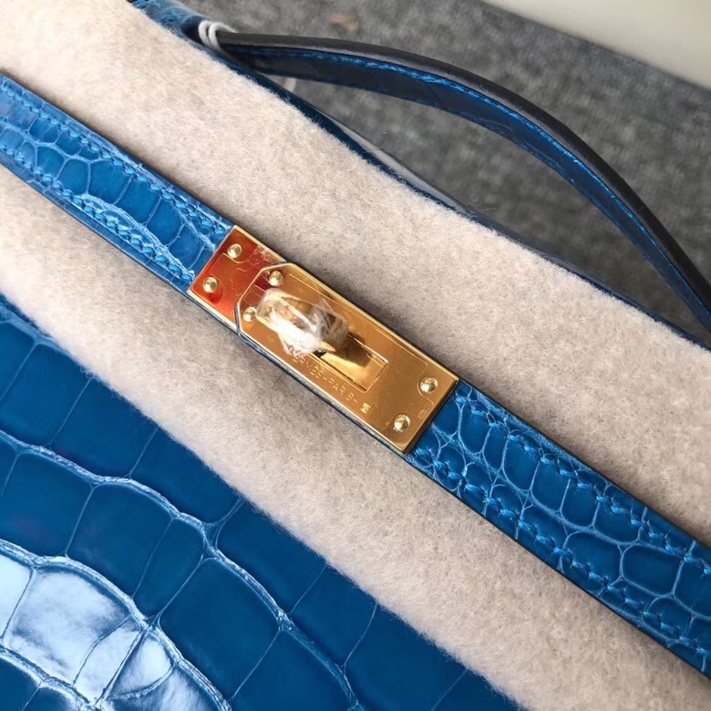 Hermès（爱马仕）Mini kelly pochette 22cm 亮面鳄鱼 7Ｑ爱琴海蓝  金扣 手拿包 晚宴包 顶级手缝