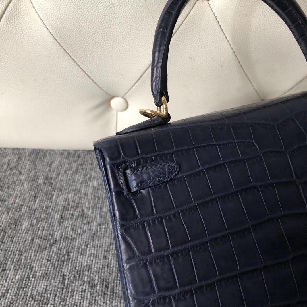 Hermès（爱马仕）Kelly 25cm Crocodile matt 雾面鳄鱼 深海蓝 Blue indgo 金扣 定制