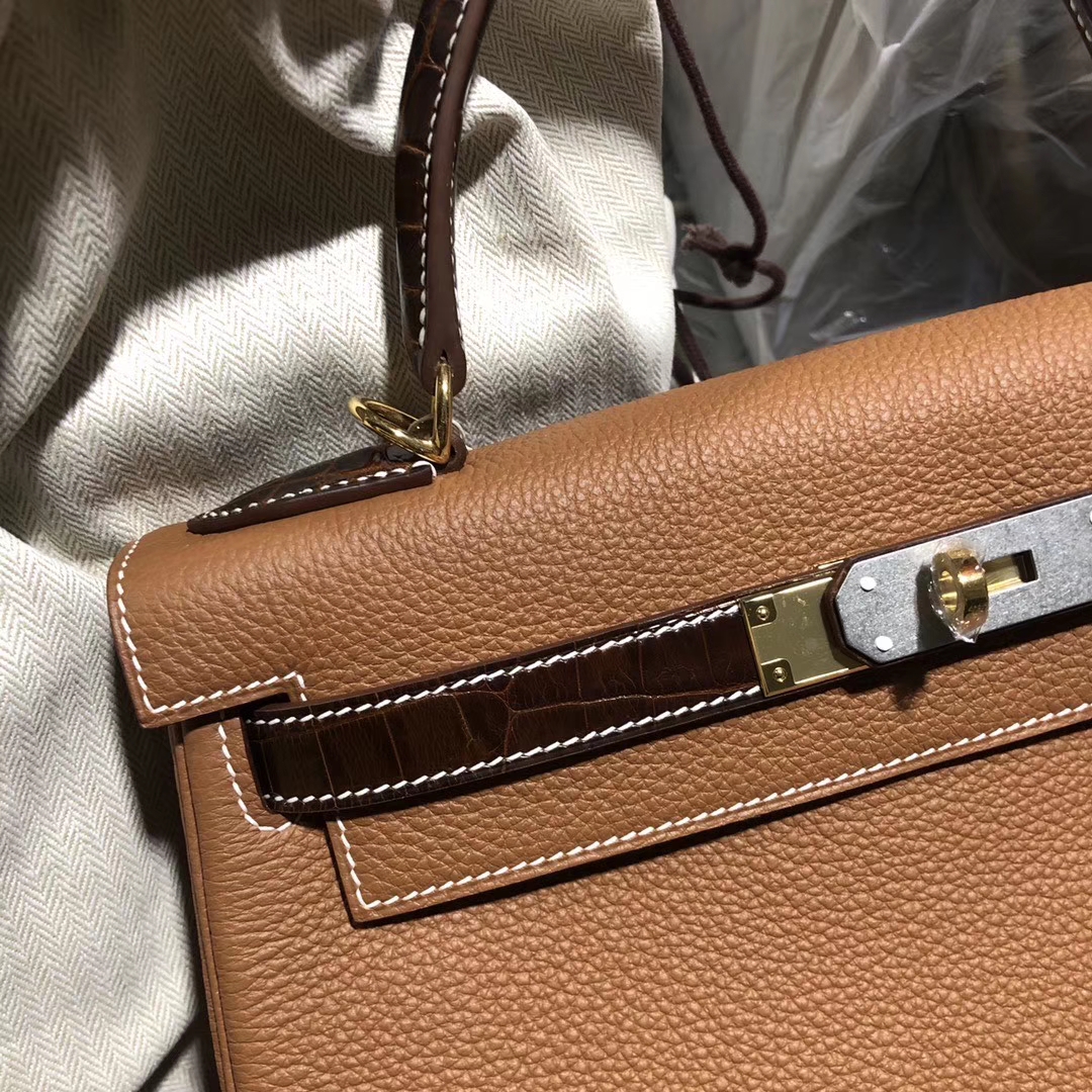 Hermès（爱马仕）Kelly 28cm 原厂小牛皮 ck37 金棕 Gold 蜜糖棕鳄鱼 银扣 顶级手缝 定制
