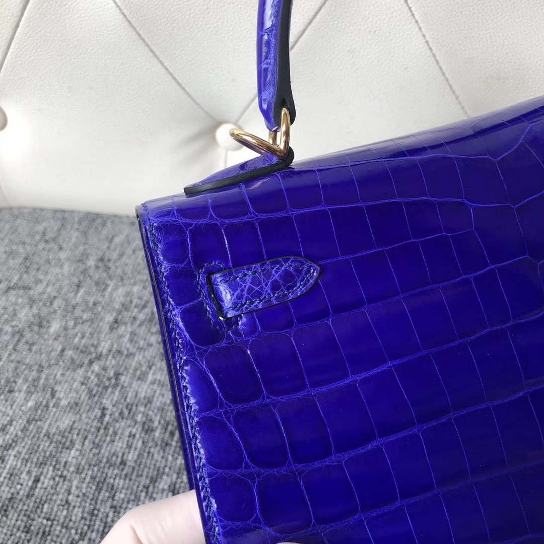 Hermès（爱马仕）Kelly 25cm Crocodile shiny 亮面鳄鱼 7T 电光蓝 Blue eletric 金扣 顶级手缝 拱珠皮
