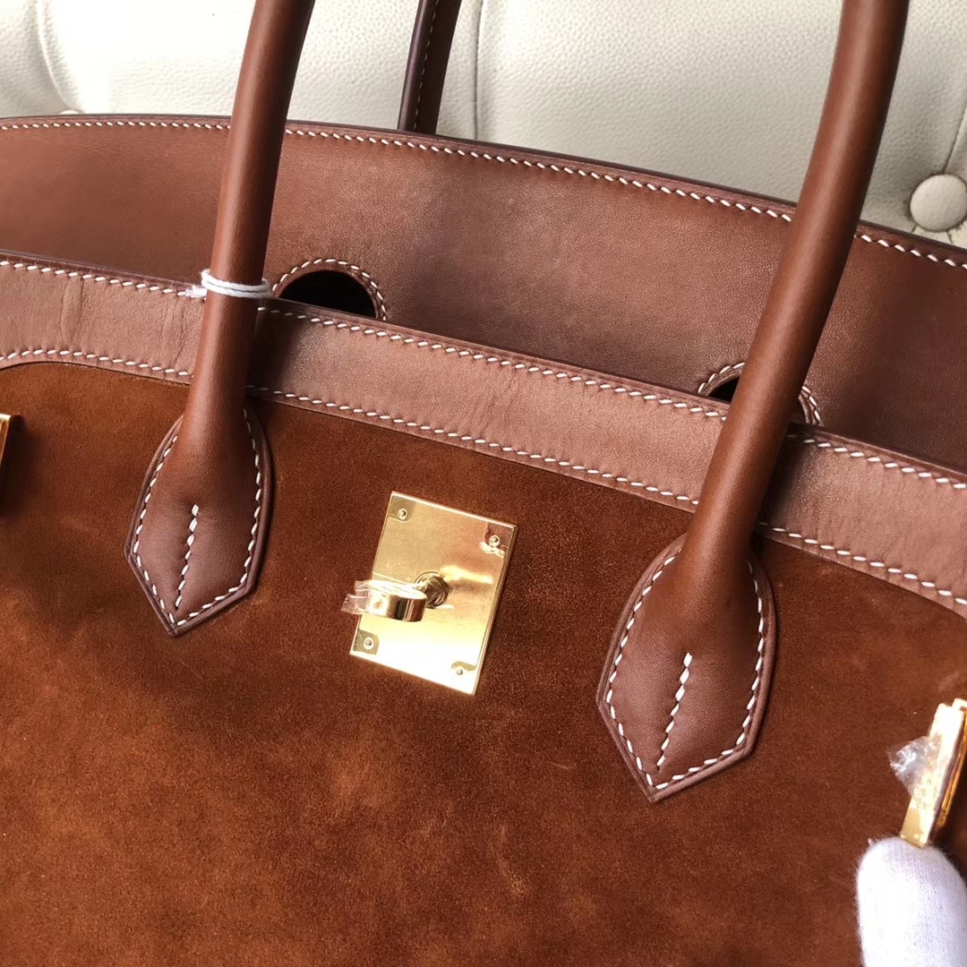 Hermès(爱马仕)Birkin 35cm 麂皮金棕色拼 马鞍皮金棕色 金扣 顶级手缝 定制-拉尔森鳄鱼皮具定制 - 爱马仕包包官网 Hermès(爱马仕)Birkin 35cm 麂皮金棕色拼 马鞍皮金棕色 金扣 顶级手缝 定制