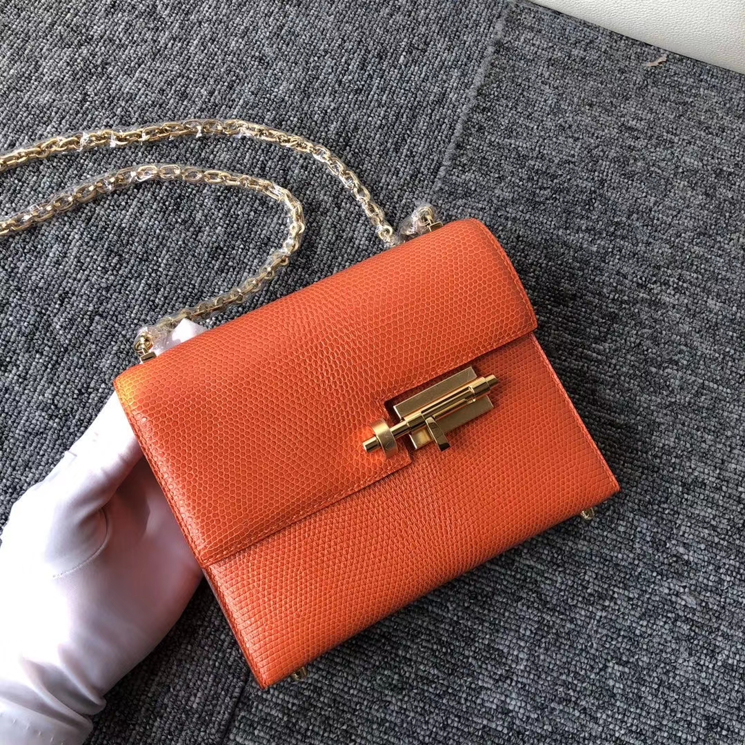 Hermès（爱马仕）Verrou 17cm 蜥蜴 9J 火焰橙 金扣 顶级手缝 定制