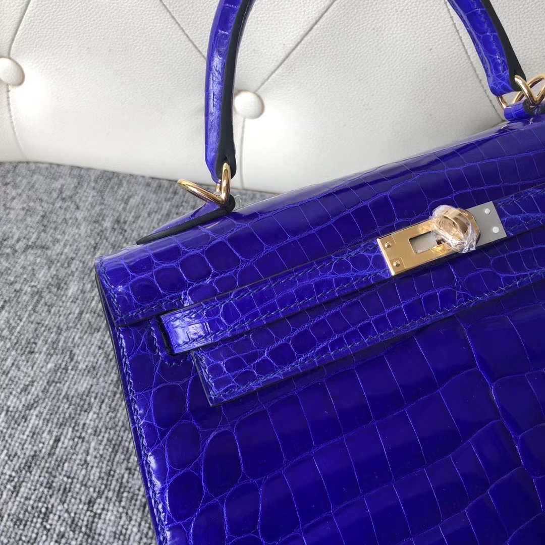 Hermès（爱马仕）Kelly 25cm Crocodile shiny 亮面鳄鱼 7T 电光蓝 Blue eletric 金扣 顶级手缝 拱珠皮