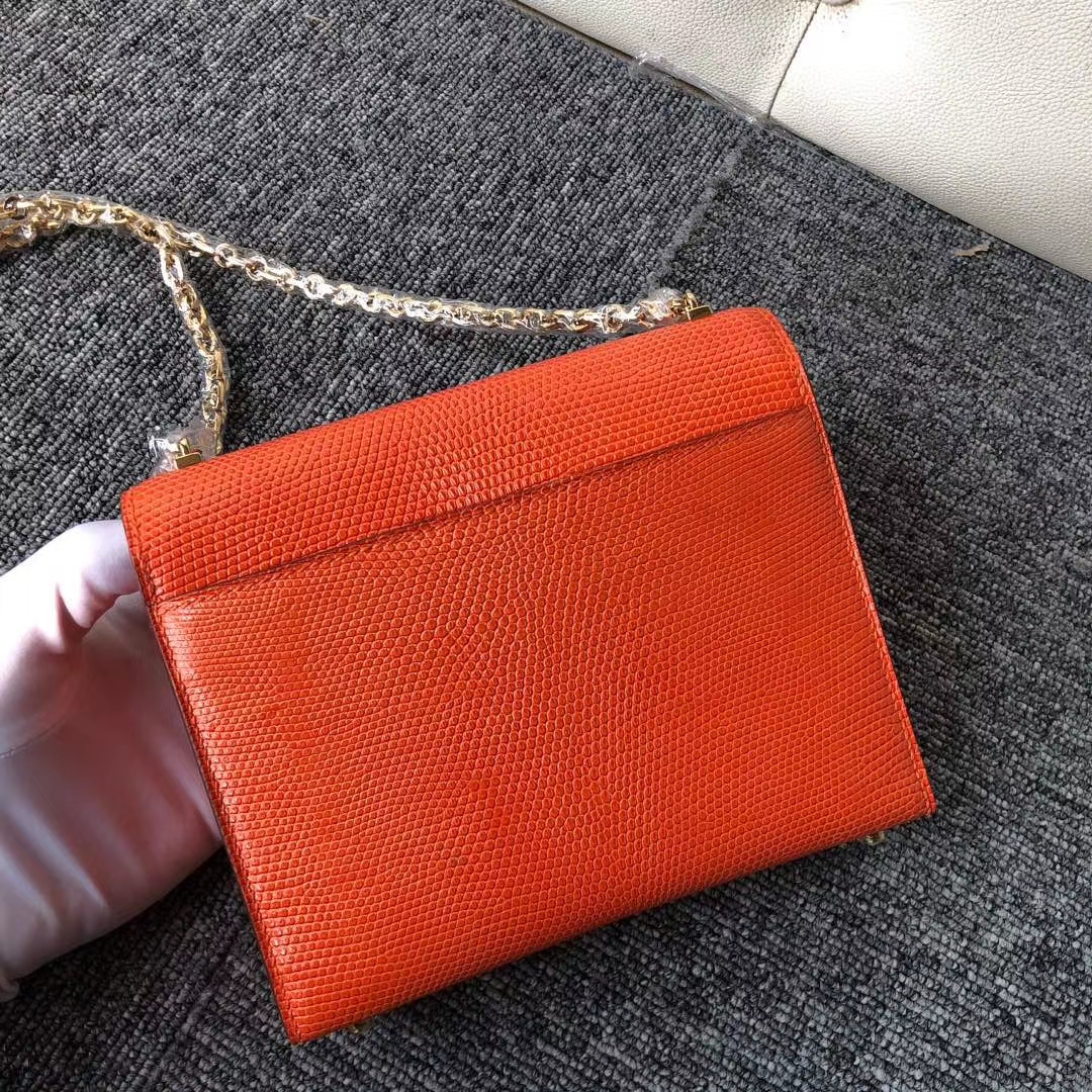 Hermès（爱马仕）Verrou 17cm 蜥蜴 9J 火焰橙 金扣 顶级手缝 定制