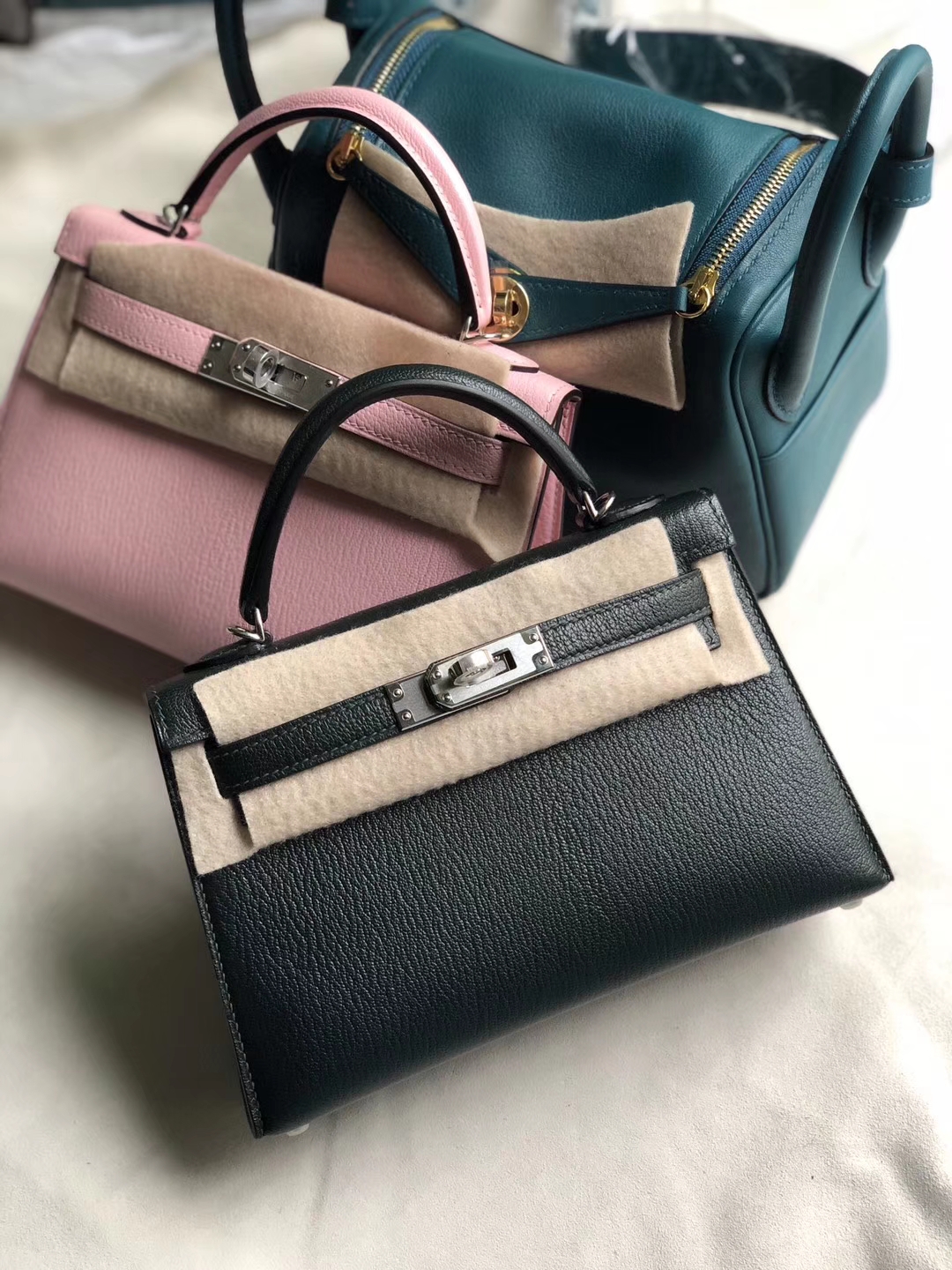 Hermès（爱马仕）Mini Kelly 2 山羊 6o 柏树绿 内拼圣西尔蓝 银扣 定制