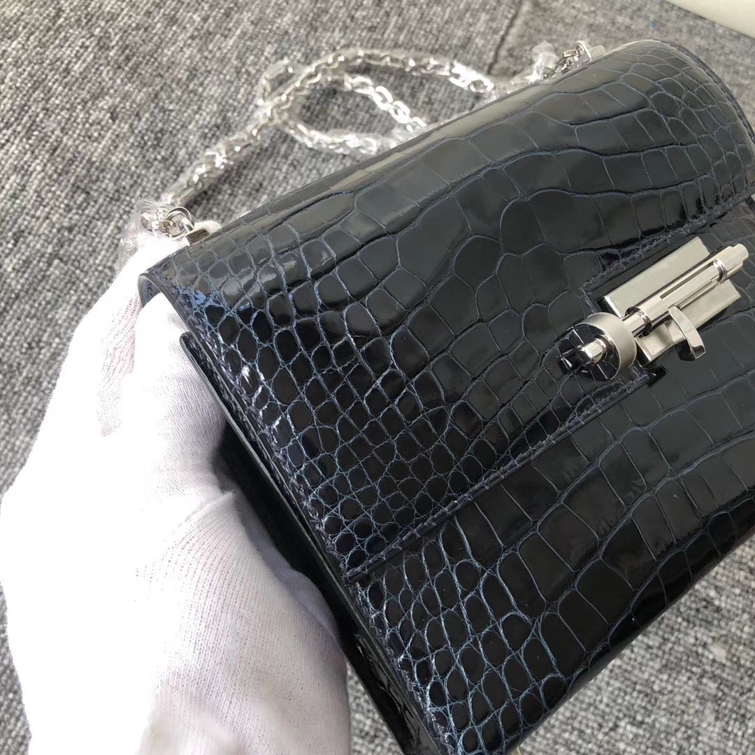 Hermès（爱马仕）Verrou 17cm Alligator shiny 亮面鳄鱼 1p鸭子蓝  顶级手缝 定制