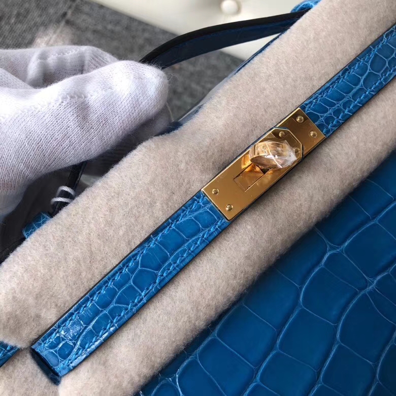 Hermès（爱马仕）Mini kelly pochette 22cm 亮面鳄鱼 7Ｑ爱琴海蓝  金扣 手拿包 晚宴包 顶级手缝