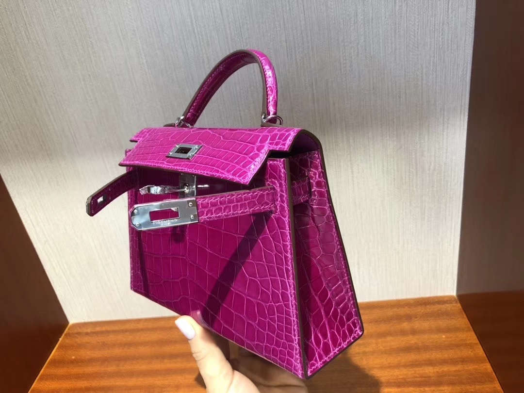 Hermès（爱马仕）Mini kelly 2 Alligator shiny 亮面鳄鱼 J5 天方夜谭粉紫  银扣 顶级手缝 现货