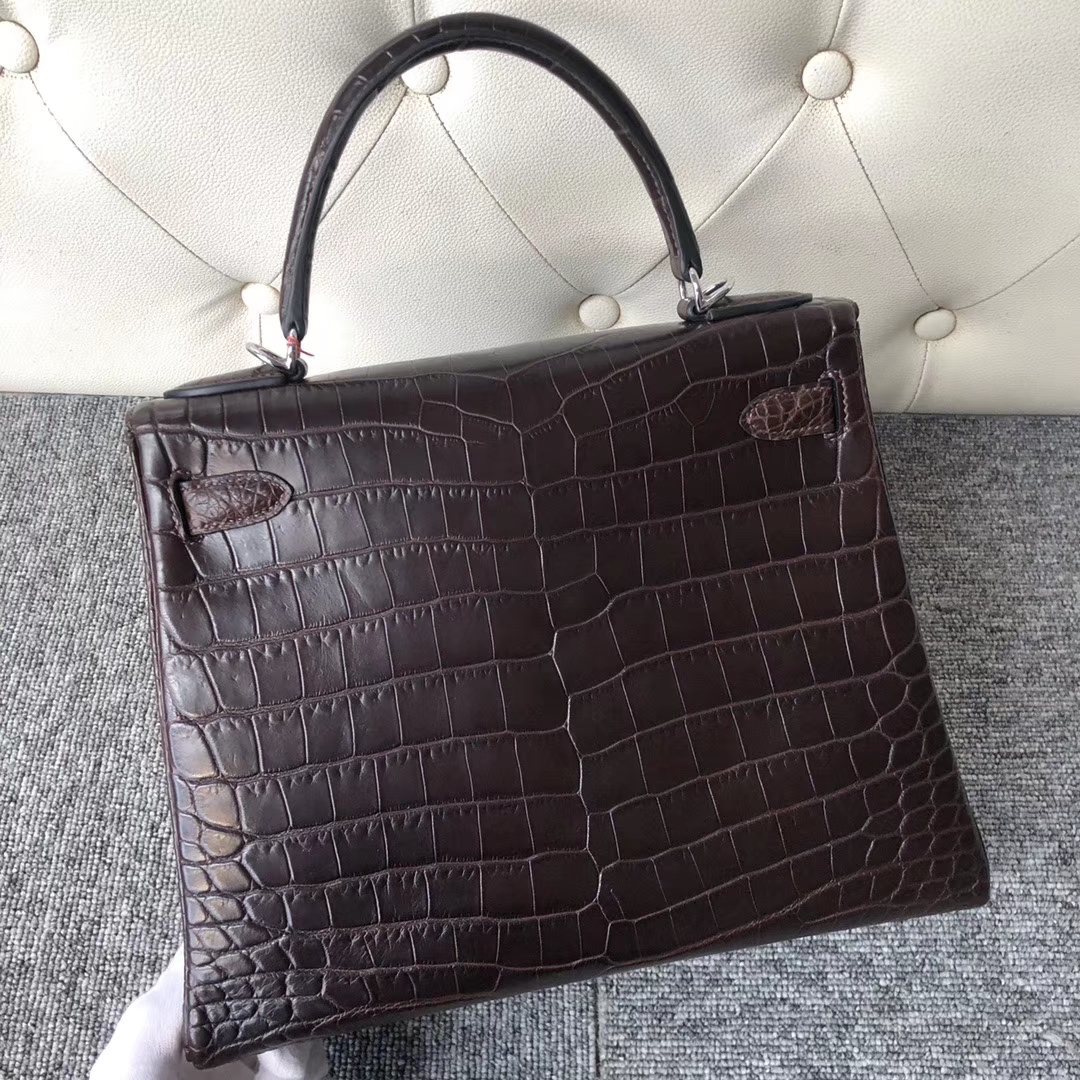 Hermès（爱马仕）Kelly 28cm Crocodile matt 雾面鳄鱼 巧克力色 咖啡色 银扣 顶级手缝