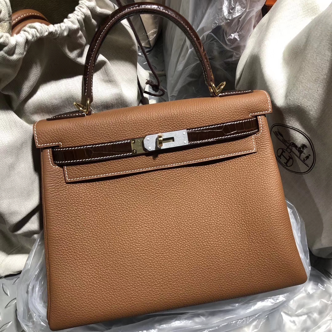 Hermès（爱马仕）Kelly 28cm 原厂小牛皮 ck37 金棕 Gold 蜜糖棕鳄鱼 银扣 顶级手缝 定制