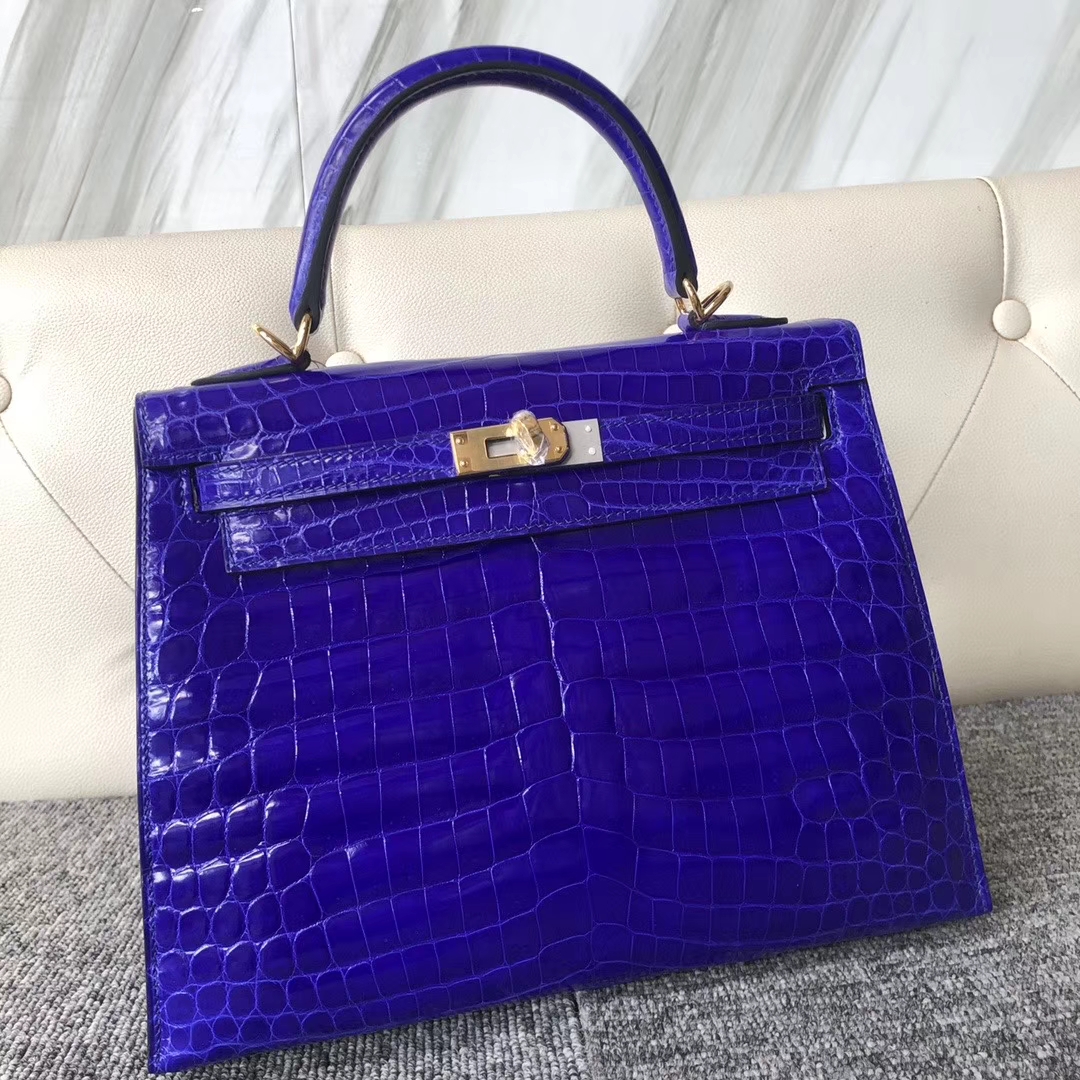 Hermès（爱马仕）Kelly 25cm Crocodile shiny 亮面鳄鱼 7T 电光蓝 Blue eletric 金扣 顶级手缝 拱珠皮