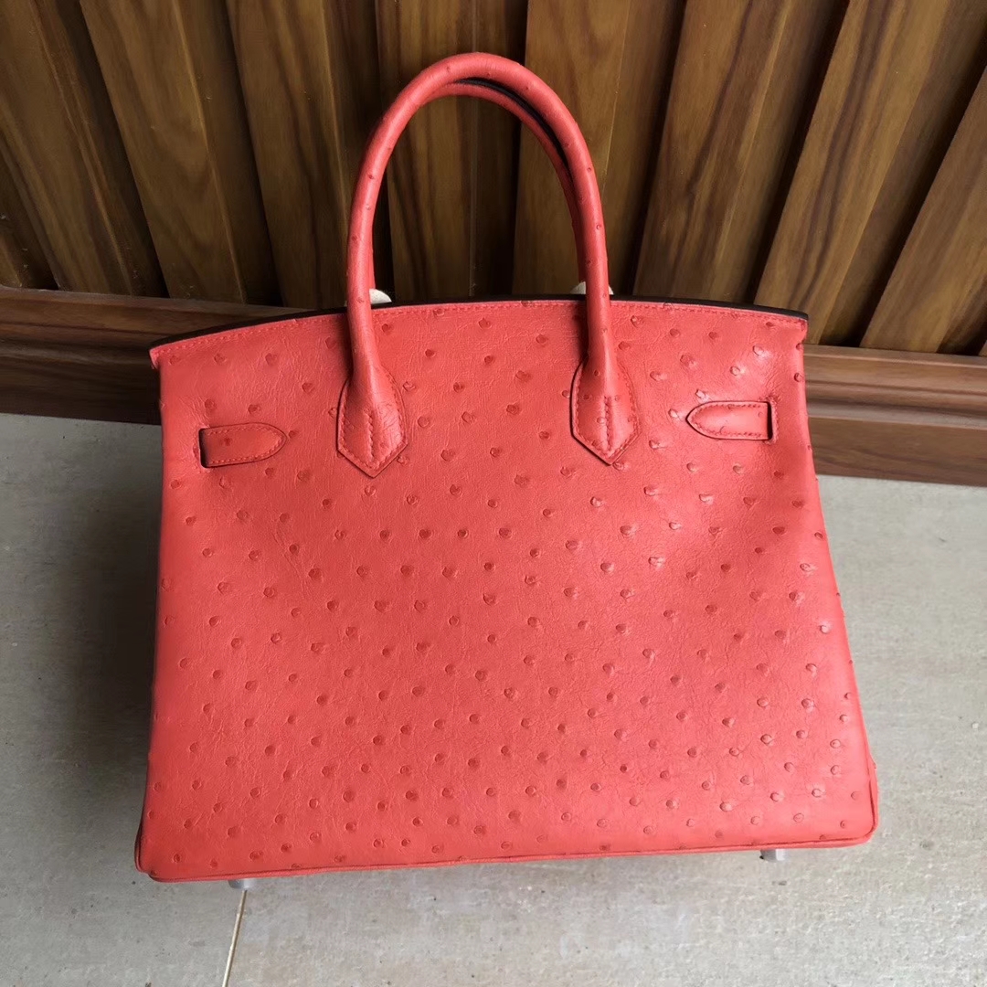 Hermès（爱马仕）Birkin 30cm Ostrich kk鸵鸟 A5 杜鹃红 银扣 顶级手缝
