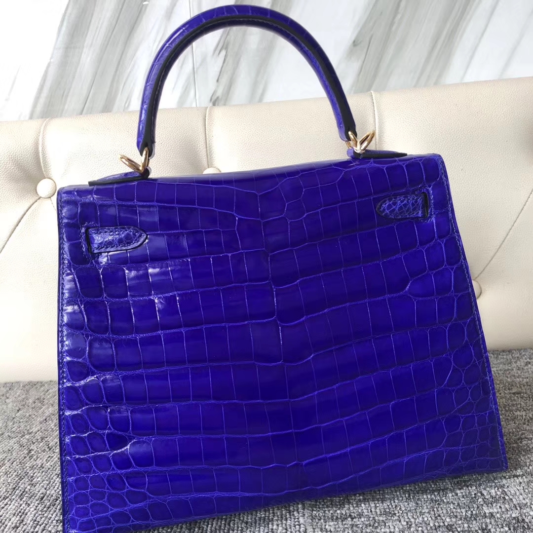 Hermès（爱马仕）Kelly 25cm Crocodile shiny 亮面鳄鱼 7T 电光蓝 Blue eletric 金扣 顶级手缝 拱珠皮