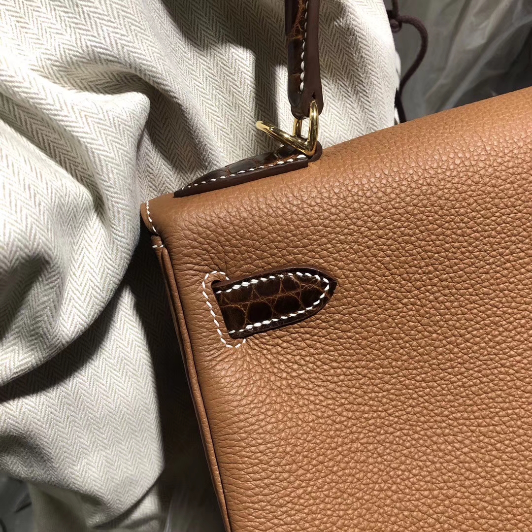 Hermès（爱马仕）Kelly 28cm 原厂小牛皮 ck37 金棕 Gold 蜜糖棕鳄鱼 银扣 顶级手缝 定制