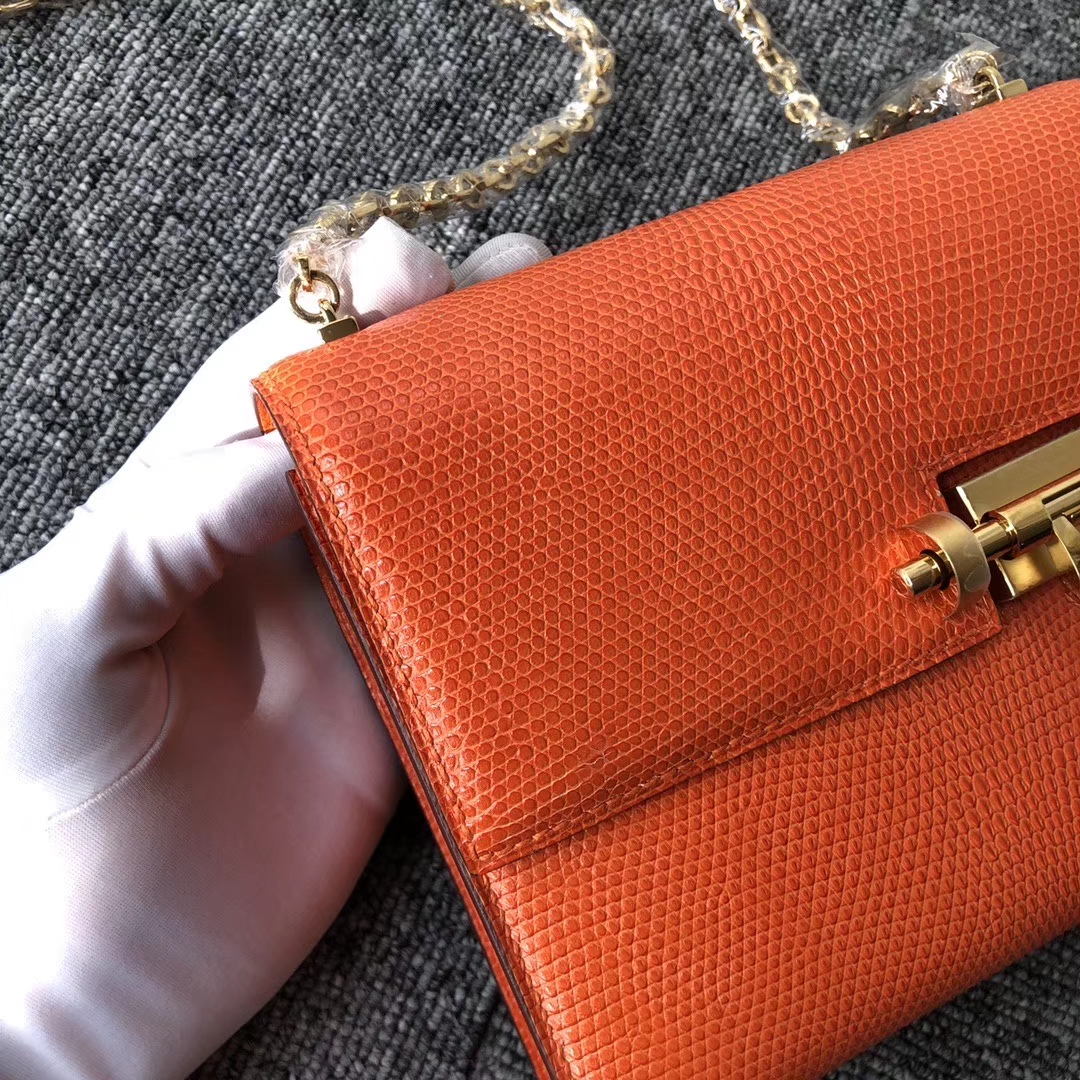 Hermès（爱马仕）Verrou 17cm 蜥蜴 9J 火焰橙 金扣 顶级手缝 定制
