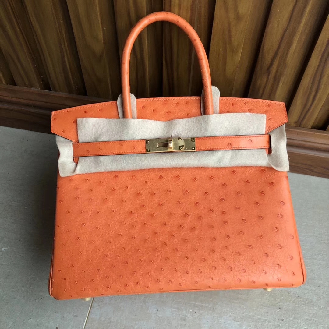 Hermès（爱马仕）Birkin30cm Ostrich kk鸵鸟 93橙色 Orange 金扣 顶级手缝