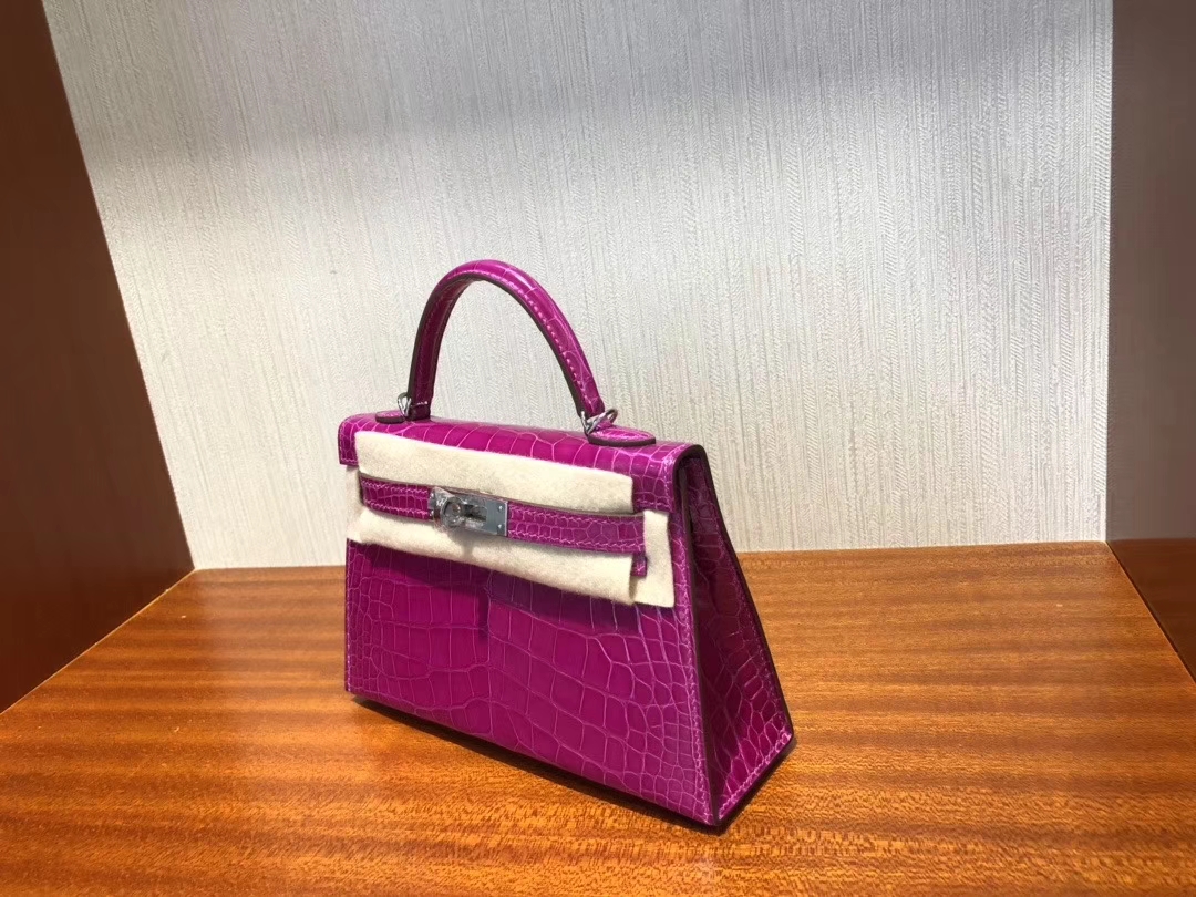 Hermès（爱马仕）Mini kelly 2 Alligator shiny 亮面鳄鱼 J5 天方夜谭粉紫  银扣 顶级手缝 现货